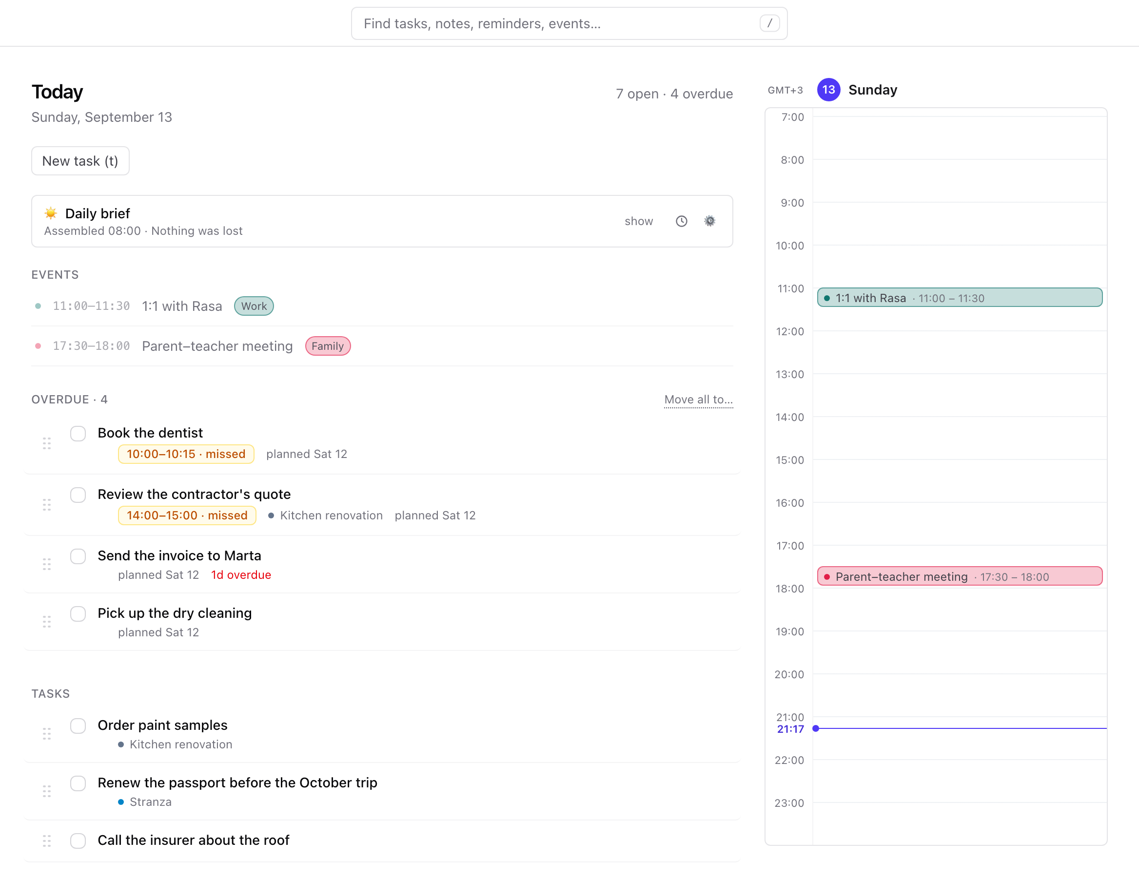 Today in the Stranza web app: the daily brief card, three events, an overdue task, four tasks and the day’s timeline